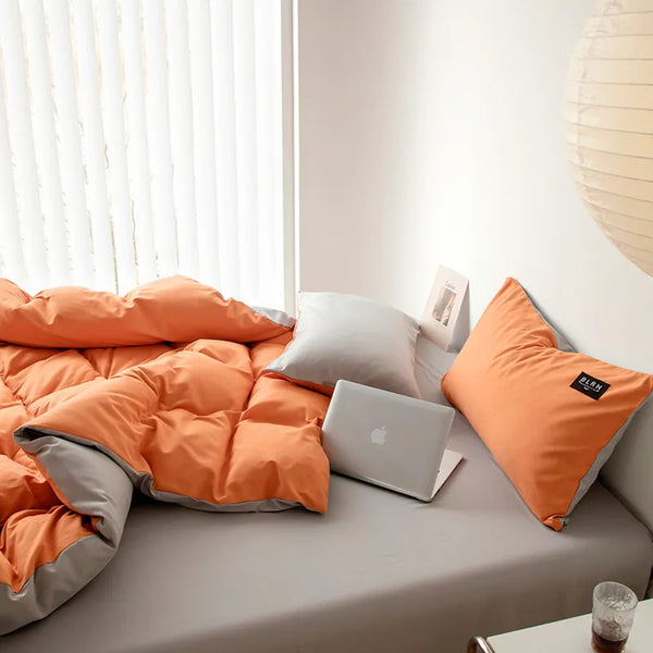 Pure Cotton Reversible Duvet Cover Set - Orange & Light Brown