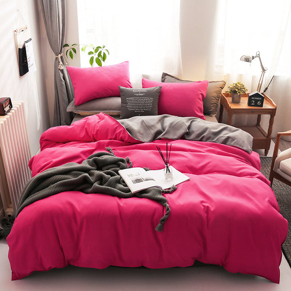 Reversible Cotton Duvet Cover With Fitted Sheet - Shocking Pink Grey