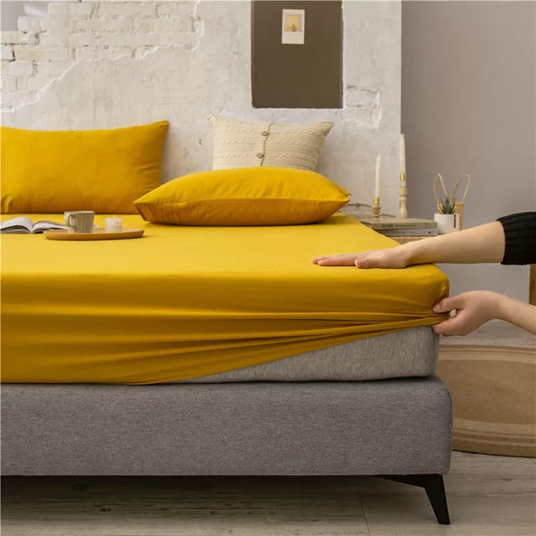 Cotton Fitted Bed Sheet With Pillows - Mustard Yellow