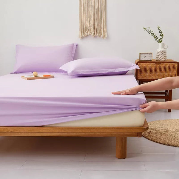 Cotton Fitted Bed Sheet With Pillows - Light Purple